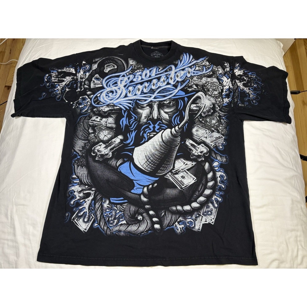 Vintage Sinister Brand 501 T Shirt Mens 4XL Black All Over Print Pirate Hook USA